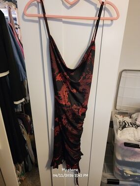 Black Slip Dress with Red Dragon Print